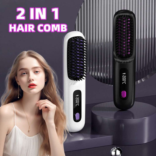 2 In 1 Straight Hair Comb Wireless Hair Straightener Brush Hair Fast Heating Portable Hot Curler USB Charging - GizUp